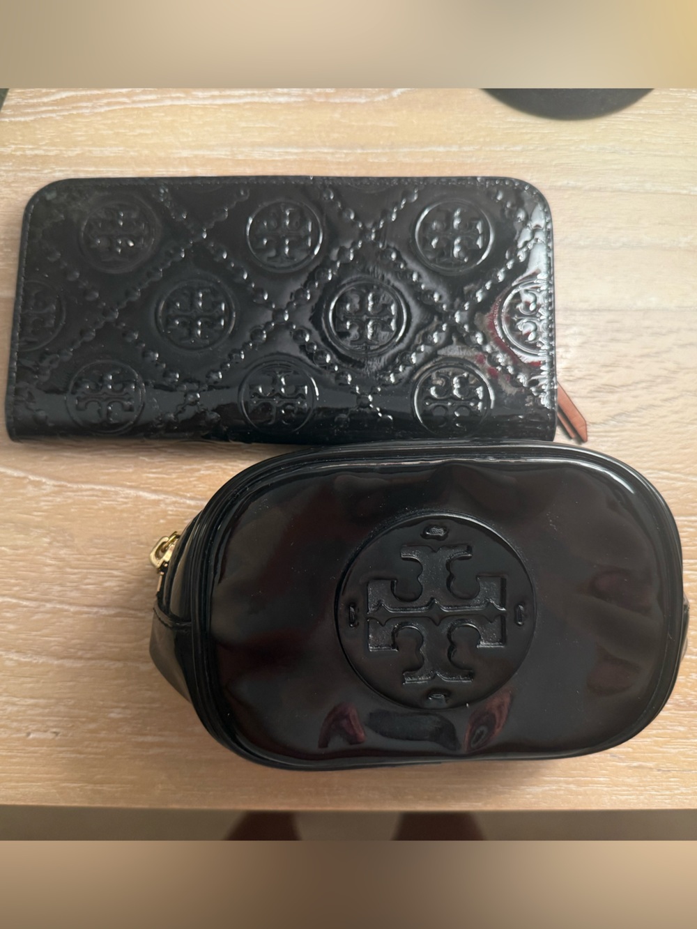 Tory Burch Black Patent Leather Logo Wallet and Mini Pouch Set